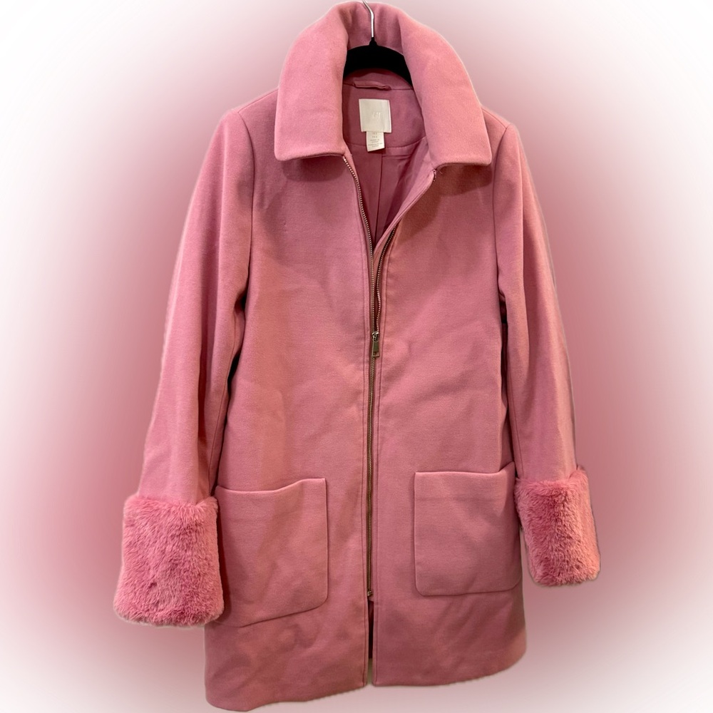 H&M Pink Teddy Jacket with Faux Fur Cuffs | Sz 2